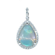 14K White Gold Opal and Diamond Halo Pendant